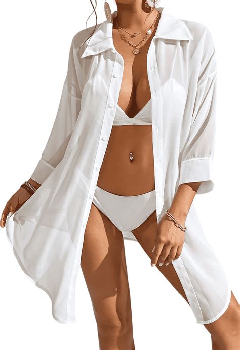 MLDRA Swimsuit Coverup For Women Beach Bikini Cover Up Loose Button Down Sleeve V Neck Shirts