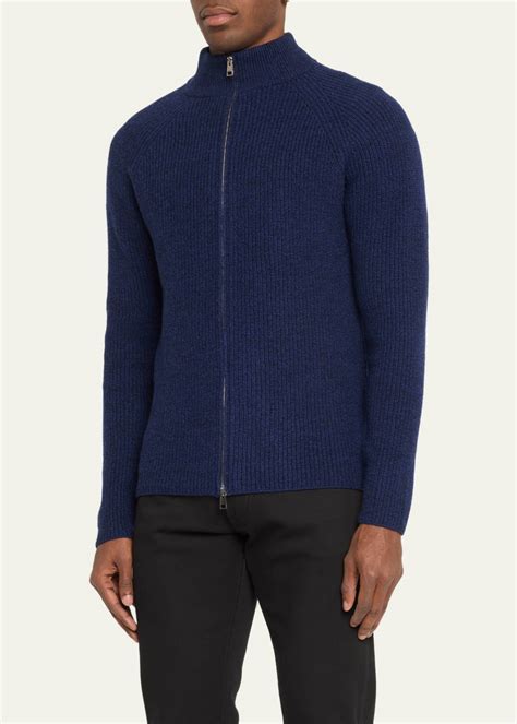 Bergdorf Goodman Mens Wool Cashmere Mouline Full Zip Sweater