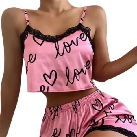 2 Pieces Set Women S Pajama Shorts Suit Homewear Print Underwear Pijama Sexy Lingerie Camisoles