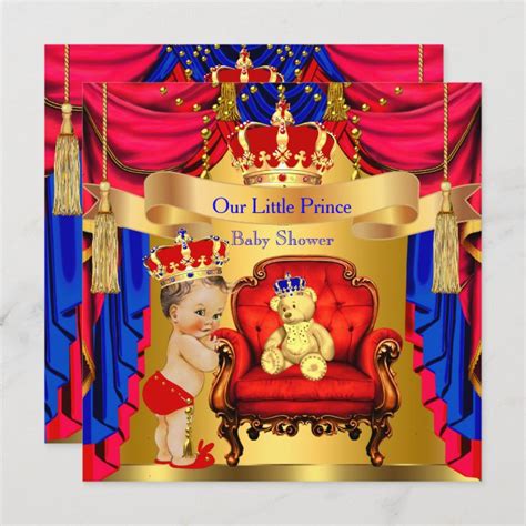 Brunette Prince Baby Shower Gold Bear Red Blue Invitation Zazzle