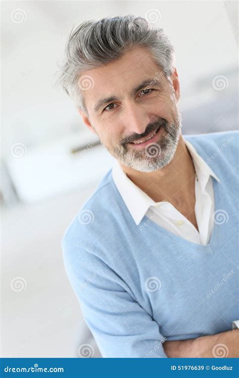 Handsome Mature Smiling Man With Grey Hair Stock Image Image Of Blue European