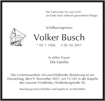 Traueranzeigen Von Volker Busch Trauer Gedenken