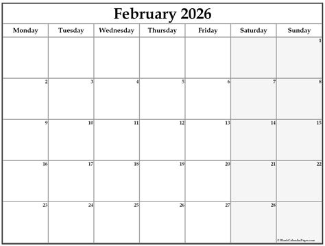 February 2025 Monday Calendar | Monday to Sunday