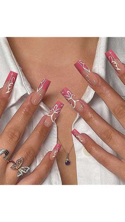 French Tip Press On Nails Long Coffin Fake Nails Nude False Nails With Butterfly Design Glossy
