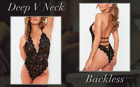 Kaei Shi High Cut Halter Deep V Neck Lingerie Floral Lace Bodysuit Plunge Teddy See Through Sexy