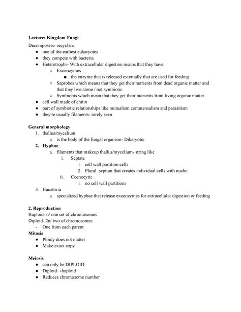 Unit 2 study guide - Lecture: Kingdom Fungi Decomposers- recyclers one