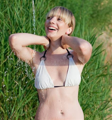 Blonde Taking Shower Outdoors Stock Image Image Of Twenties Action 21767335