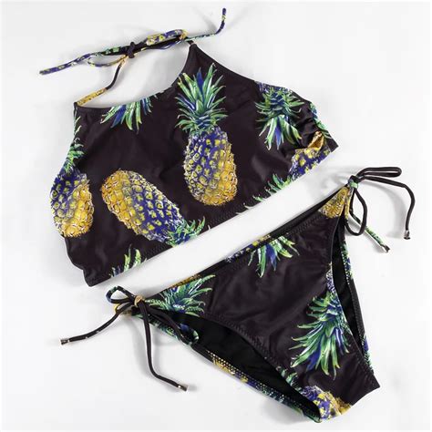 New Style Women Bikinis High Neck Push Up Bikini Set Geometry Black Swimwear Female Slim Print