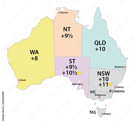 Australia uses three main time zones vector map Stock Vector | Adobe Stock