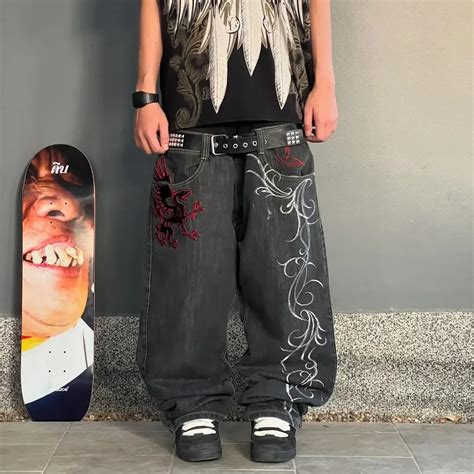 Мужские и женские широкие джинсы с узором в стиле хип-хоп | AliExpress