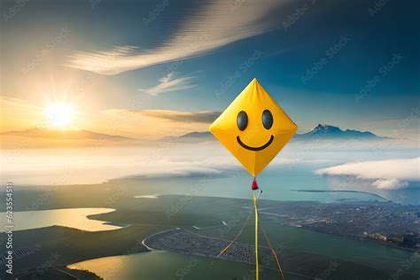 Flying Kite On The Beach In Yellow Color With Smiling Emoji On It Generative Ai Technology