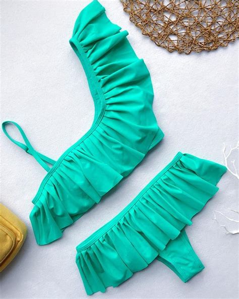 Emmiol Free Shipping 2025 One Shoulder Ruffles Triangle Bikini Three Piece Set Green S In Bikini