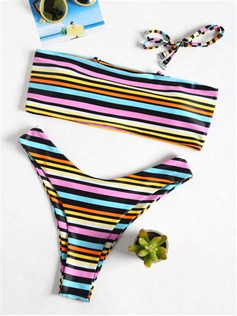 Off Rainbow Stripe Bandeau High Cut Bikini Set In Stripe Zaful