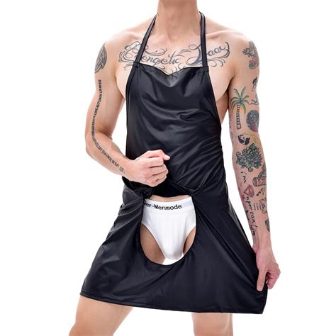Cosplay Servant Costume Woman Men Sexy Porn Lingerie Zipper Crotch Opening Faux Leather Apron