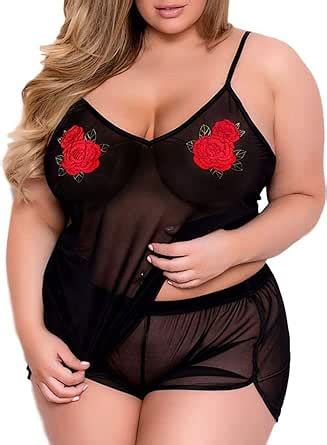 Plus Size Lingerie For Women Sexy See Through Rose Cami Set Sheer Mesh Top Short Pajamas