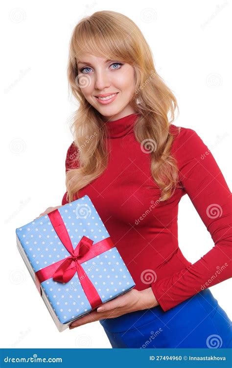 Blonde Y Un Rect Ngulo De Regalo Foto De Archivo Imagen De Grande Muchacha