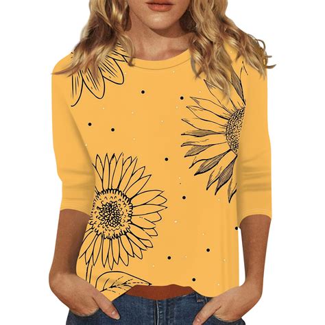 Bomyjesk Womens Shirts Sunflower Graphic 3 4 Sleeve Cute Butterfly Graphics Tee Shirt Crew Neck