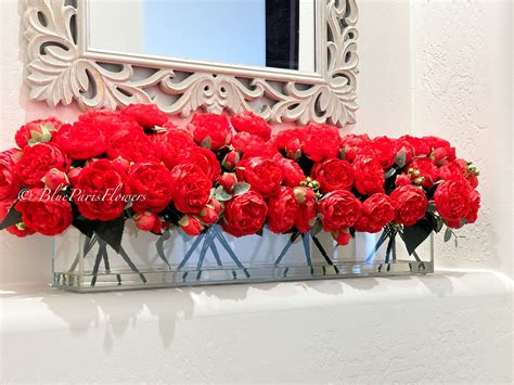 Modern Long Red Rose Peony Arrangement Artificial Faux Centerpiece