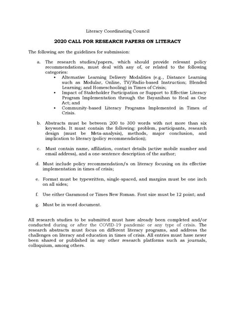 DepEd Memorandum No. DM-CI-2020-00194 on the 2020 Call for Research ...