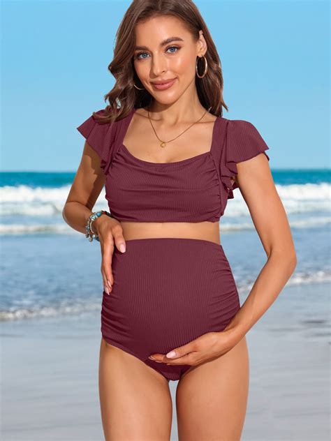 Beautyin Solid Color Maternity Swimsuit Scoop Neck Two Piece Ruffle Sleeve Ribbed Bikini Sets