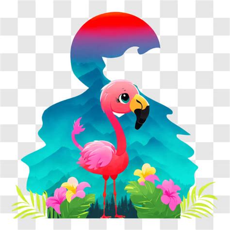 Download Pink Flamingo Poster With Sunrise And Flowers Png Online