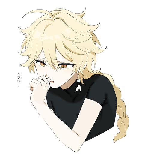 Safebooru Boy Aether Genshin Impact Ahoge Black Shirt Blonde Hair