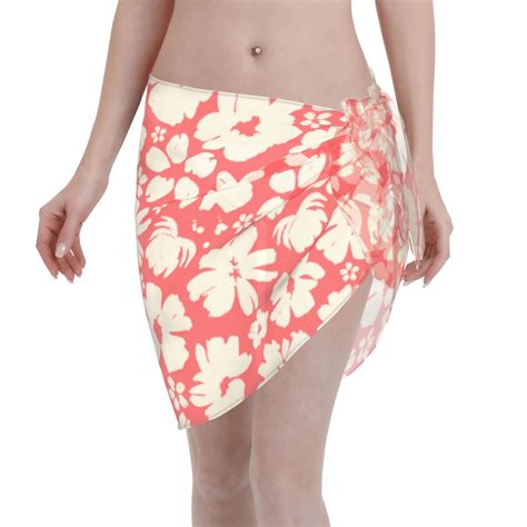 Coaee Beige Flowers Women S Short Sarongs Beach Wrap Sheer Bikini Wraps Chiffon Cover Ups For