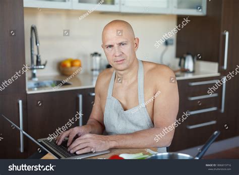Man Naked Torso Apron Sits Table Stock Photo 1886819716 Shutterstock