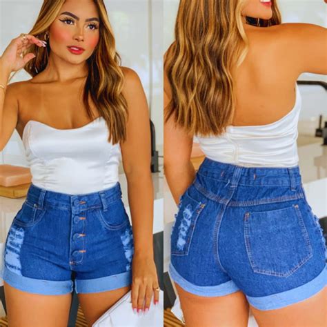 Hort Jeans Bermuda Feminino Luxo Cintura Alta Destroyed Hot Pants Modela Bumbum Blogueira Barra