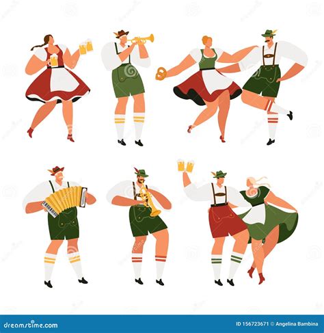 Oktoberfest. Funny Cartoon Characters In Bavarian Folk Costumes Of Bavaria Celebrate And Have ...