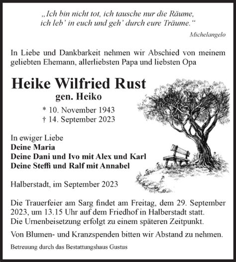 Traueranzeigen Von Heike Wilfried Rust Abschied Nehmen De