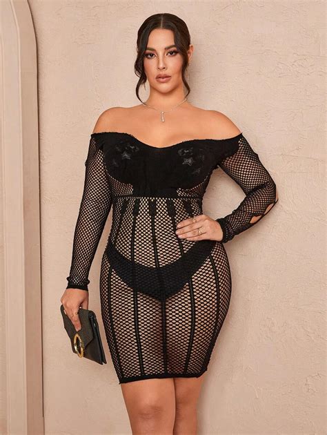Shein Sxy Plus Size Sexy Lingerie Long Sleeve Transparent Hollow Jumpsuit Fishnet Bodystocking
