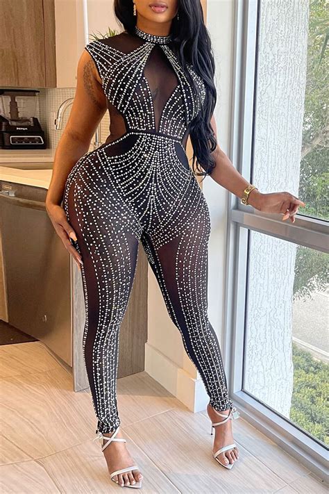 Wholesale Black Sexy Party Hot Drilling Mesh Hot Drill Mandarin Collar Skinny Jumpsuits WS107522 1