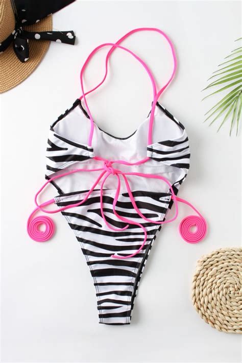 Hot Retro Leopard Stripe Bikini Deep V Cut One Piece Swimsuits Xaina