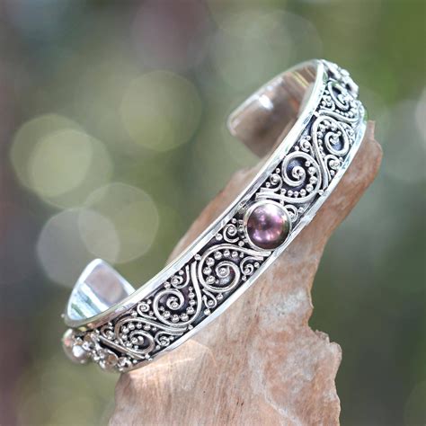 Cultured pearl cuff bracelet, 'Balinese Ivy' | Silver cuff bracelet