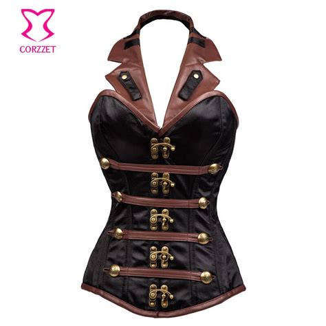 Black Satinandbrown Faux Leather Halter Collar Sexy Corset Steel Bone Steampunk Corsets And