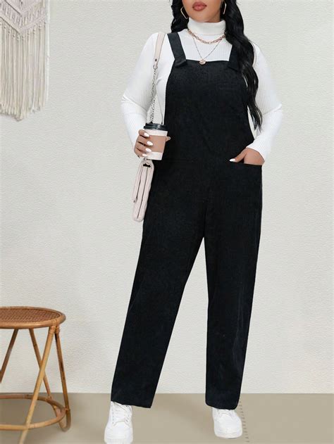 Shein Essnce Plus Patched Pocket Corduroy Overall Jumpsuit Without Tee