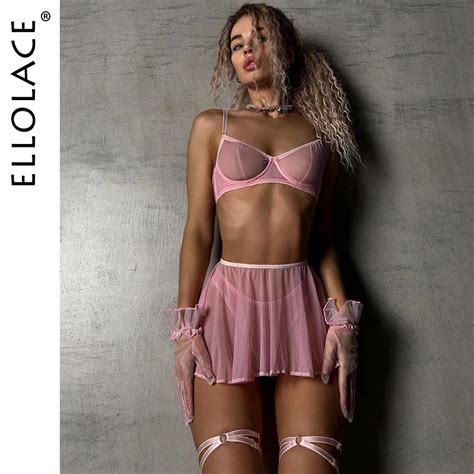 Ellolace Lingerie Sexy Transparent Lace Ruffle Garter Thongs Seamless Intimate Sheer Lace