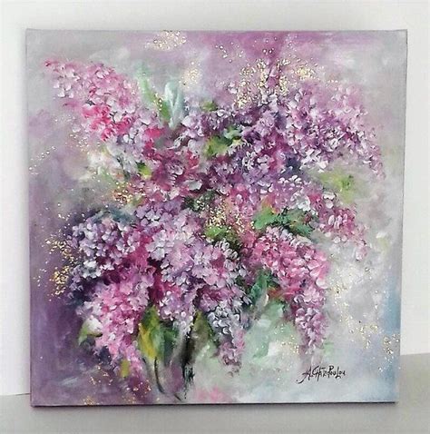 Lilac Time Original Floral Acrylic Painting Pink Purple and Gold Sparkles Painting on Canvas ...