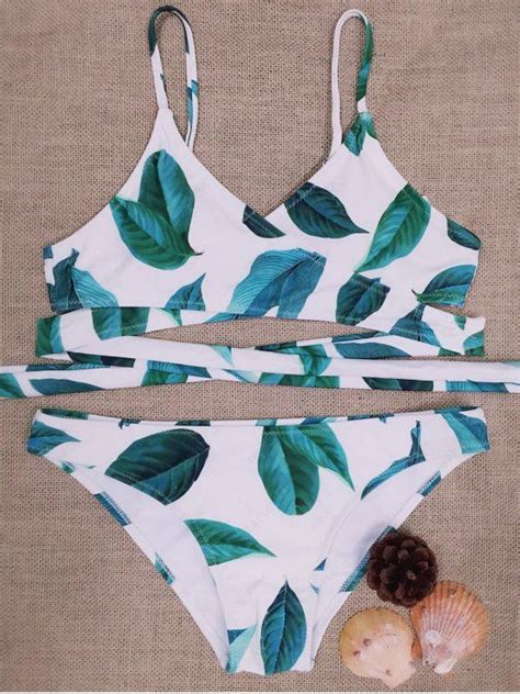 Off Leaf Print Halter Wrapped Bikini Set In White Zaful