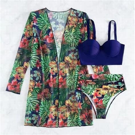 Maillot de bain 3 pièces dames bikini sexy floral multicolore châle de protection solaire