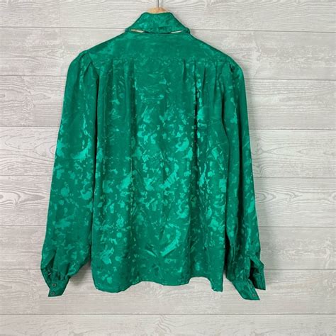 Vintage Tops Vintage S Satin Jacquard Pussy Bow High Neck Pleated Blouse M Chic Poshmark