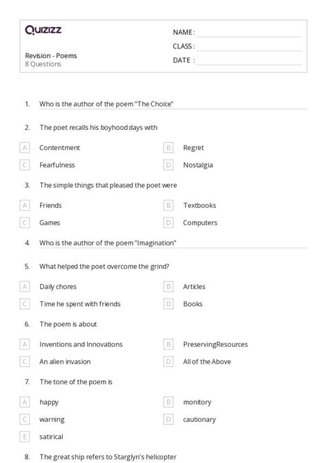 50 Poems Worksheets For 8th Class On Quizizz Free And Printable