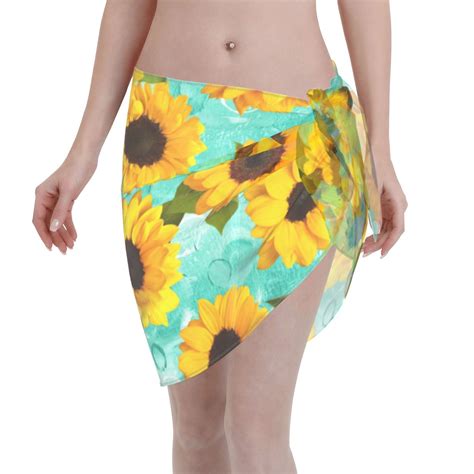 Coaee Sunflowers With Green Leaves Women S Short Sarongs Beach Wrap Sheer Bikini Wraps Chiffon
