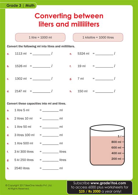 Measuring Litres And Millilitres Worksheet