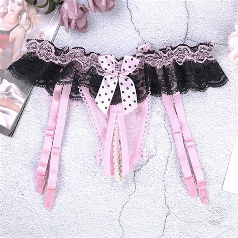 Women Crotchless Open Back Sexy Panties Ruffle Lace Bowknot Lingerie