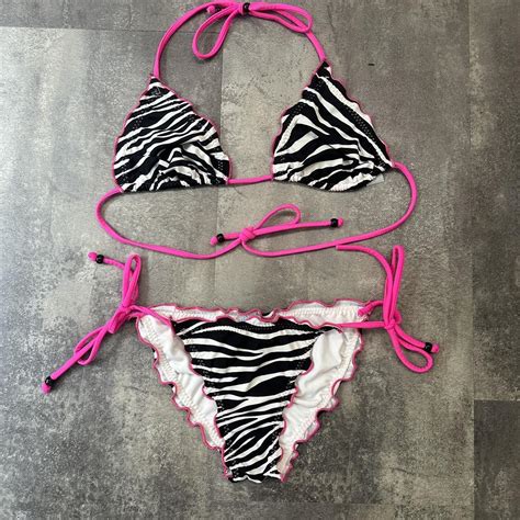 Vintage Y2k Zebra Printed Bikini By Venus W Hot Pink Depop