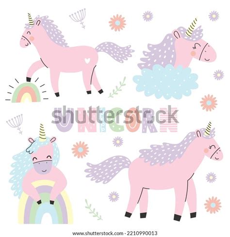 Set Cute Unicorns Raibow Flowers Lettering Stock Vector Royalty Free