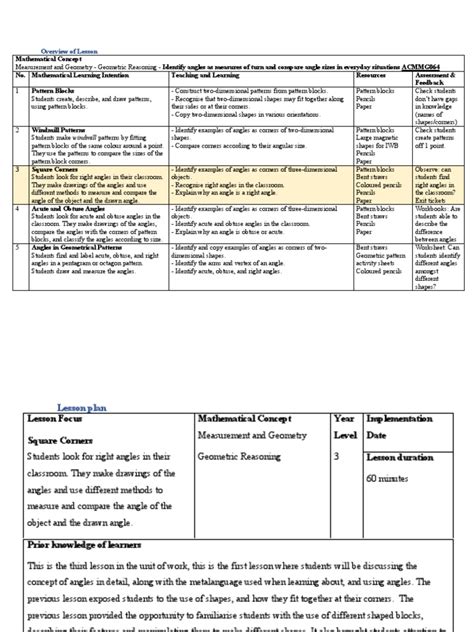 Lesson Sequence And Lesson Plan Pdf Angle Shape