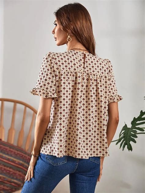 Botão Plissado Estampa Em Toda A Parte Boho Blusa Shein Brasil Blusas Femininas Da Moda